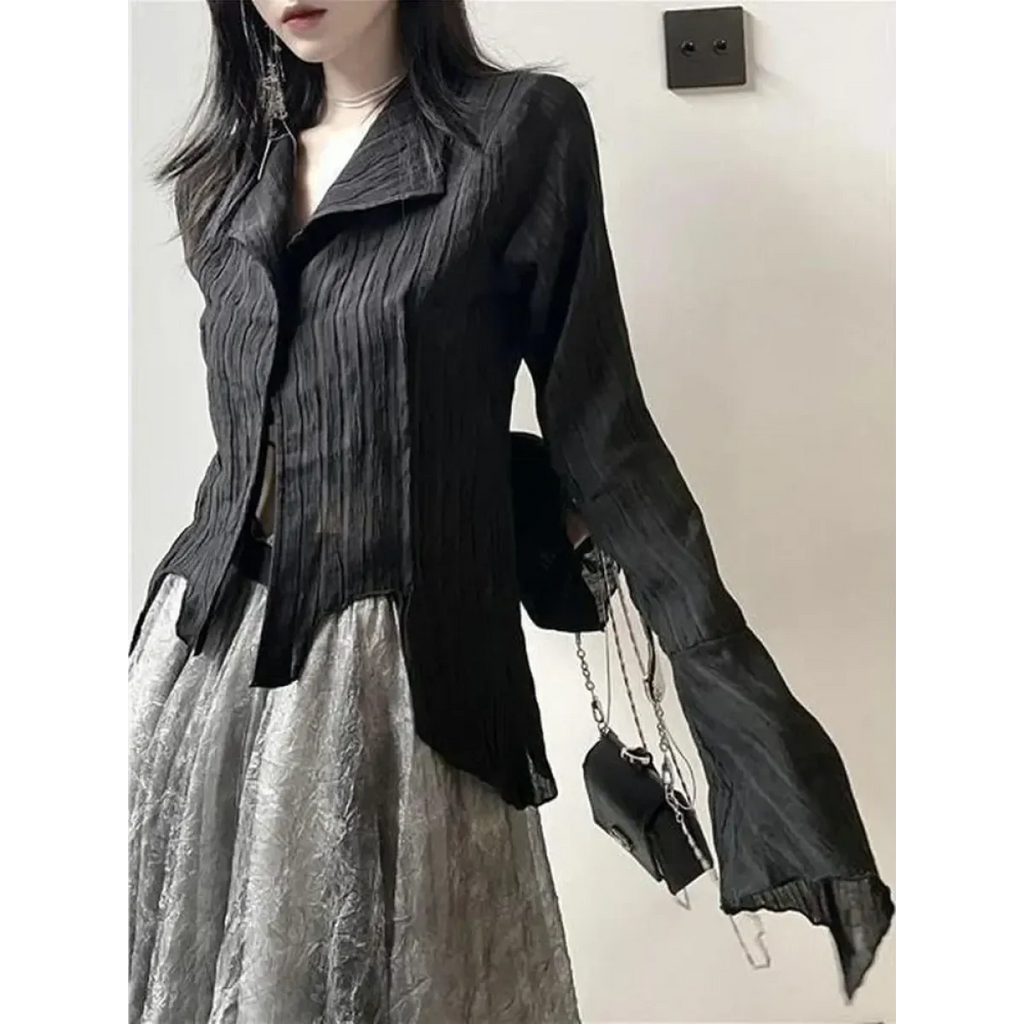 Black Pleated Gothic Harajuku Blouse – Button-Up Long Sleeve - Tops & Tees - Long - Shirt - Blouses - 3