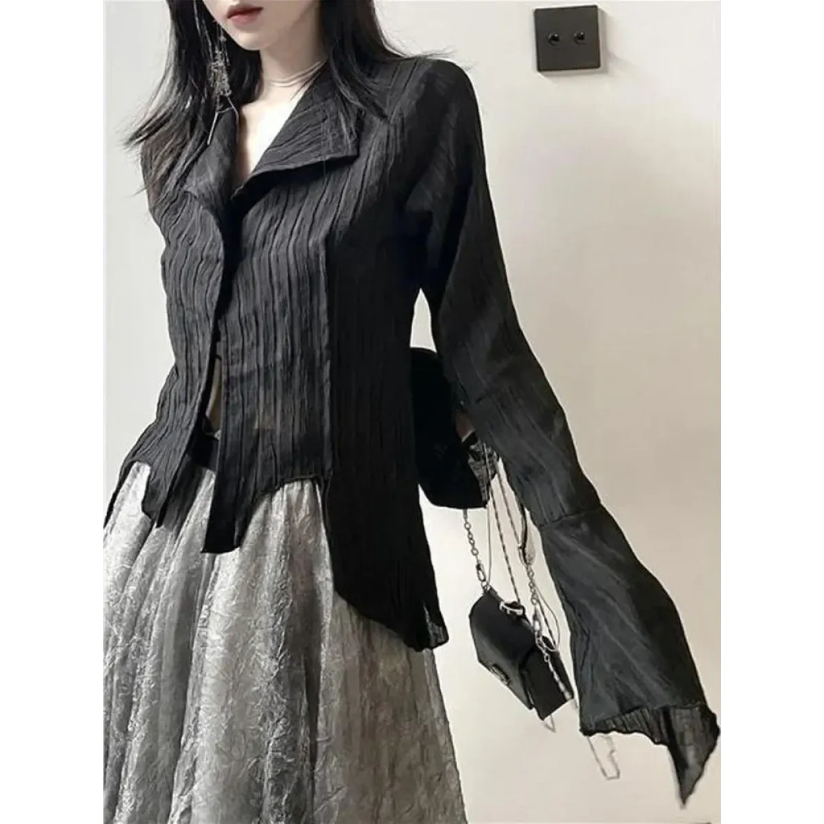 Black Pleated Gothic Harajuku Blouse – Button-Up Long Sleeve - Tops & Tees - Long - Shirt - Blouses - 3