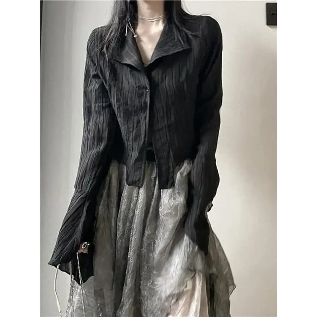 Black Pleated Gothic Harajuku Blouse – Button-Up Long Sleeve - Tops & Tees - Long - Shirt - Blouses - 2