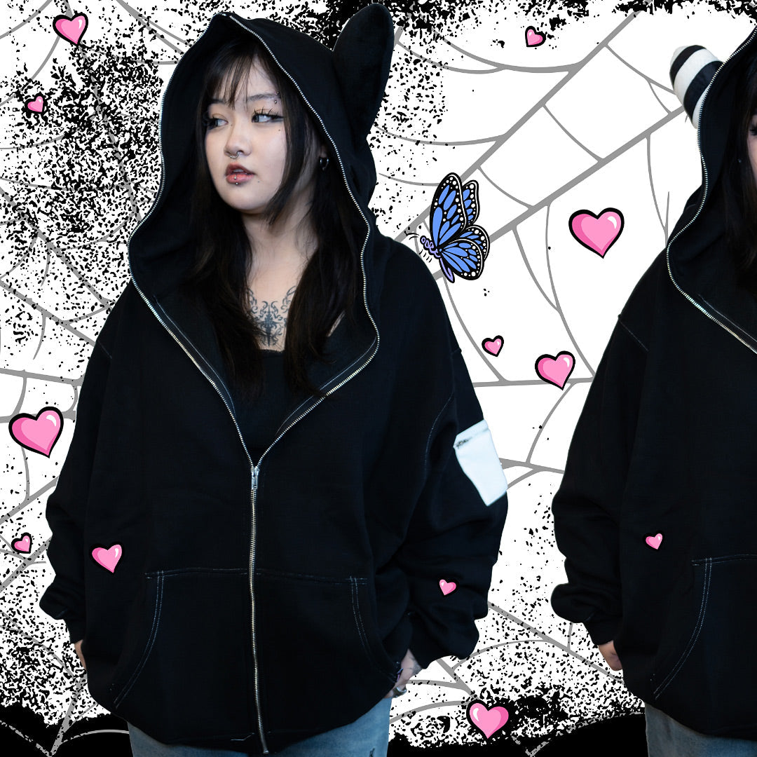 Plush Ear Bunny Hoodie – Black