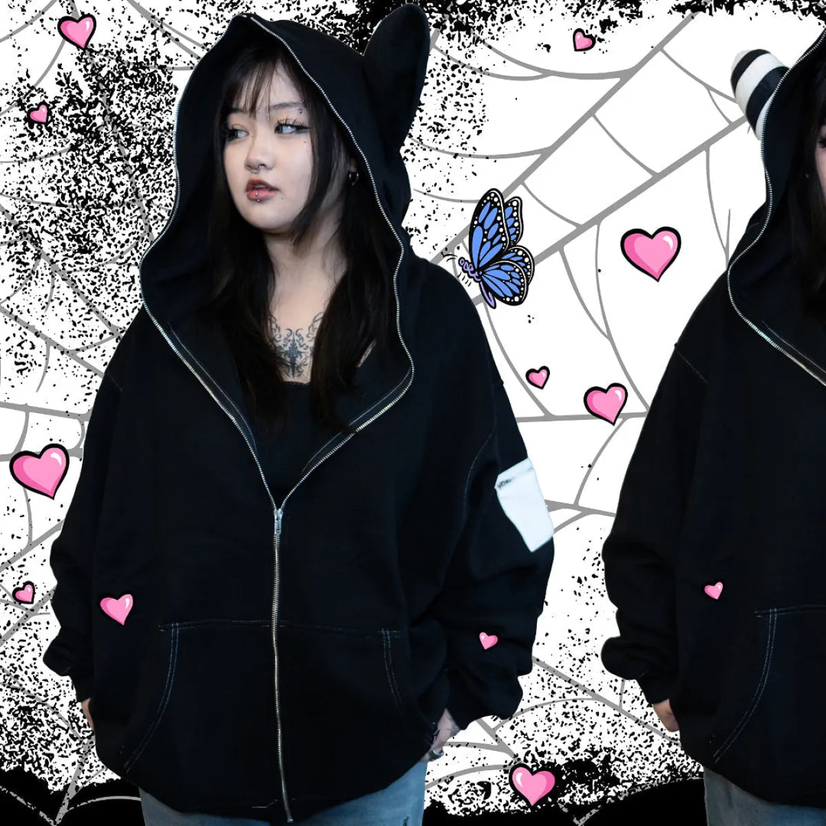 Plush Ear Bunny Hoodie – Black - Hoodies & Sweatshirts - 2