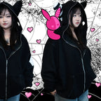 Plush Ear Bunny Hoodie – Black - Hoodies & Sweatshirts - 3