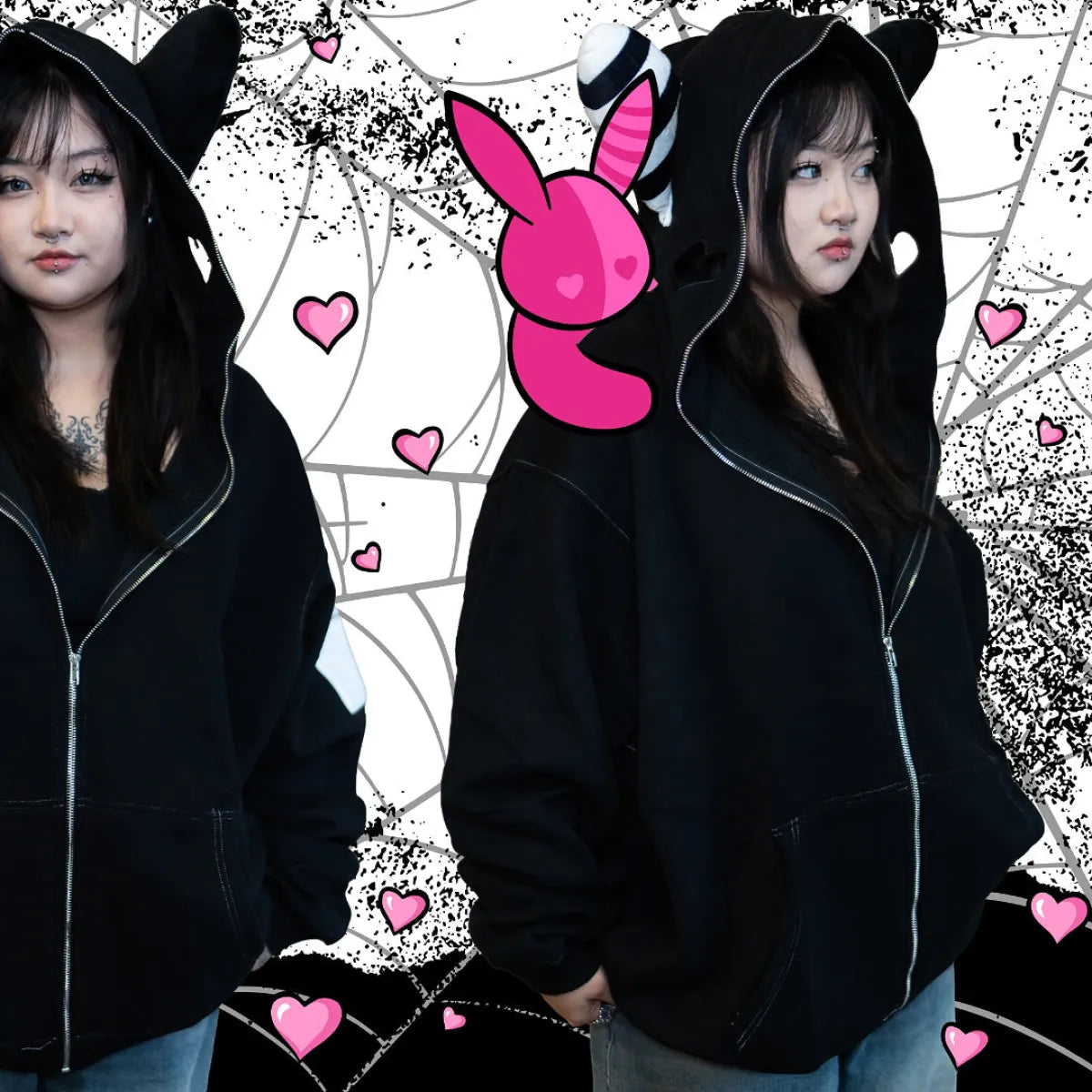 Plush Ear Bunny Hoodie – Black - Hoodies & Sweatshirts - 3