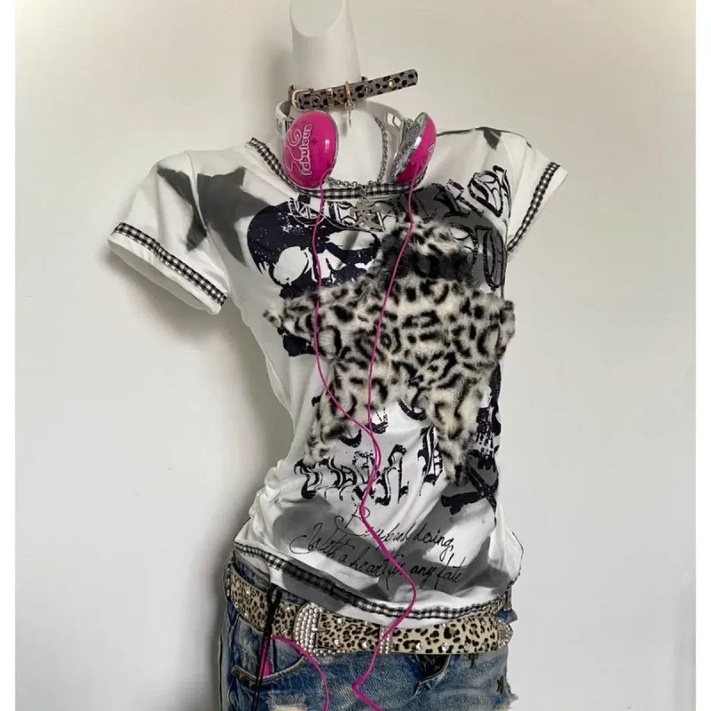 Y2K Punk Tee – Leopard Print Patchwork & Skull Graphic - T-Shirts - Short - Round - T-Shirts - 1
