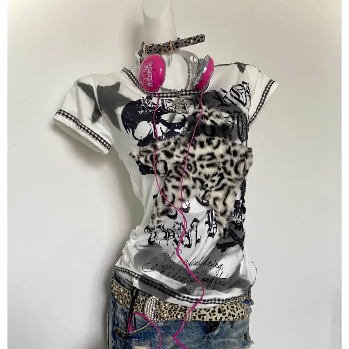 Y2K Punk Tee – Leopard Print Patchwork & Skull Graphic - T-Shirts - Short - Round - T-Shirts - 1
