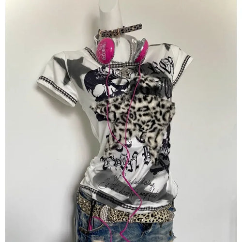 Y2K Punk Tee – Leopard Print Patchwork & Skull Graphic - T-Shirts - Short - Round - T-Shirts - 1