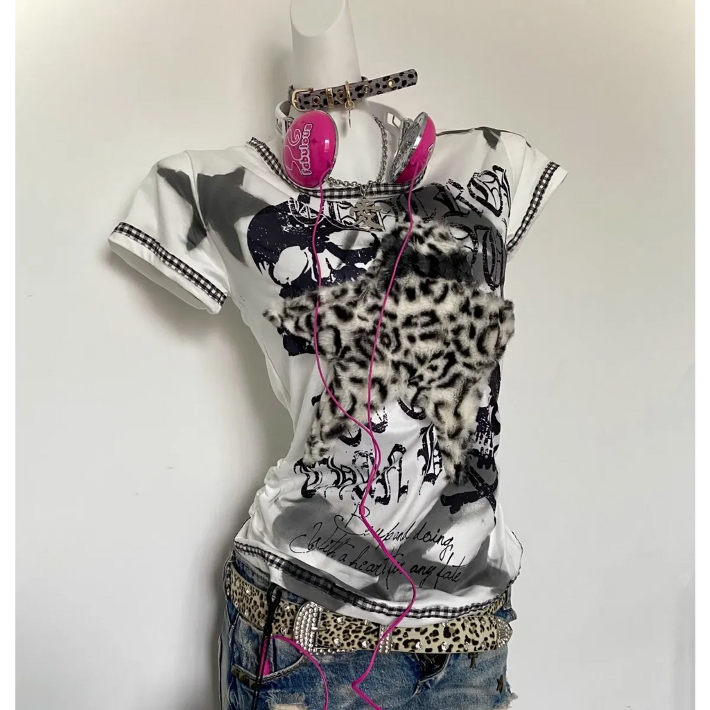 Y2K Punk Tee – Leopard Print Patchwork & Skull Graphic - T-Shirts - Short - Round - T-Shirts - 4