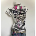 Y2K Punk Tee – Leopard Print Patchwork & Skull Graphic - T-Shirts - Short - Round - T-Shirts - 4