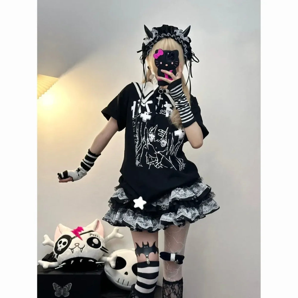 Y2K Punk Lace Mini Skirt – Gothic Layered A-Line Skirt - Bottoms - Short - Skirts - 1