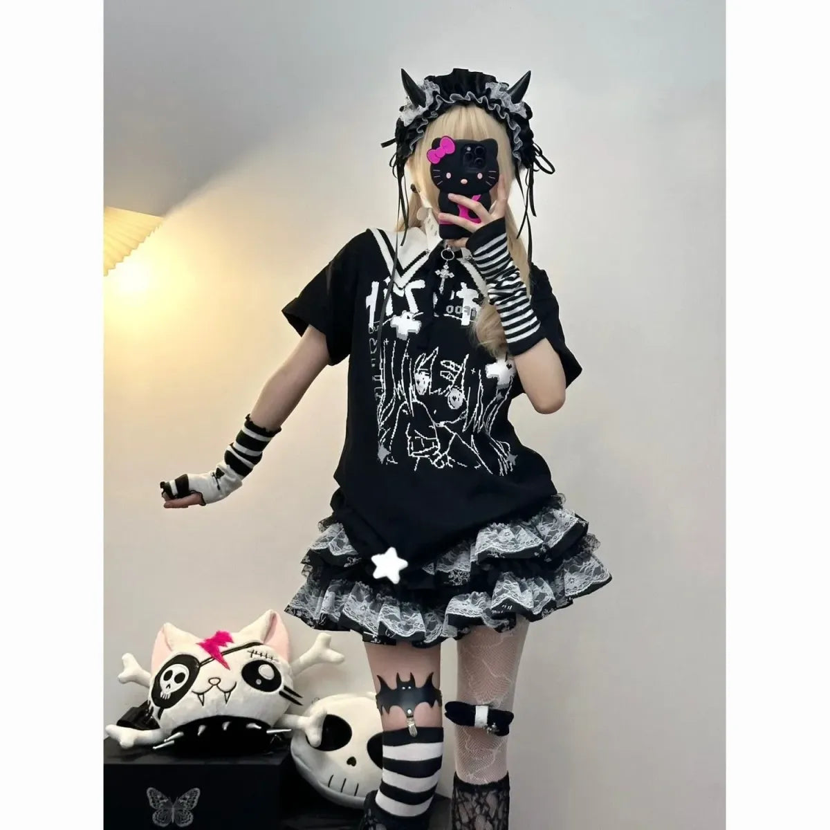 Y2K Punk Lace Mini Skirt – Gothic Layered A-Line Skirt - Bottoms - Short - Skirts - 1