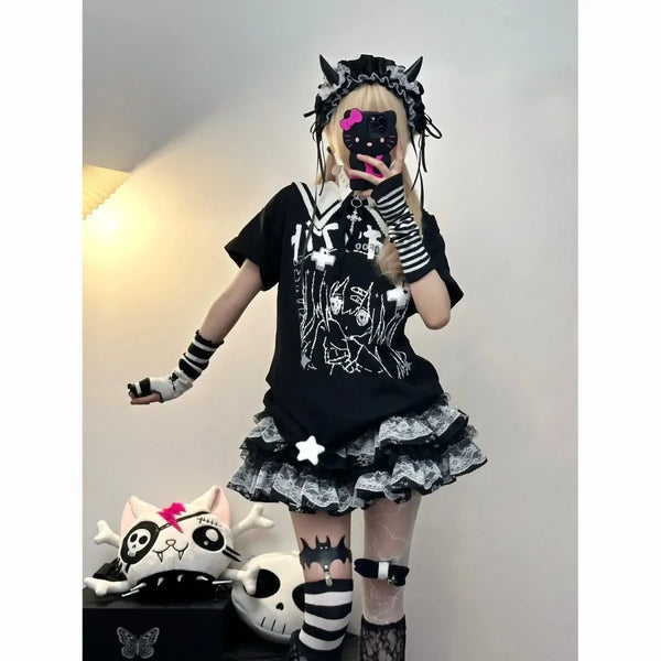 Y2K Punk Lace Mini Skirt – Gothic Layered A-Line Skirt - Bottoms - Short - Skirts - 1