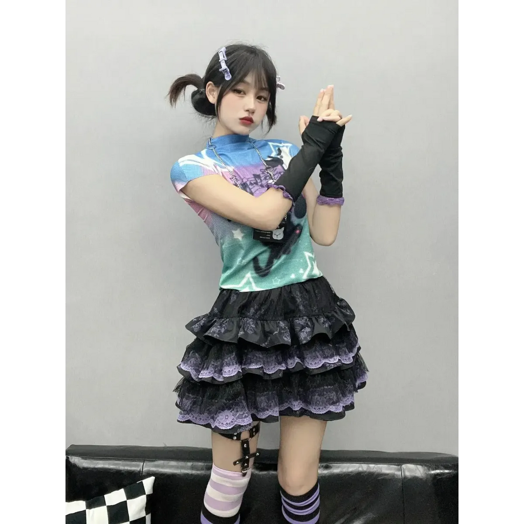 Y2K Punk Lace Mini Skirt – Gothic Layered A-Line Skirt - Bottoms - Short - Skirts - 3