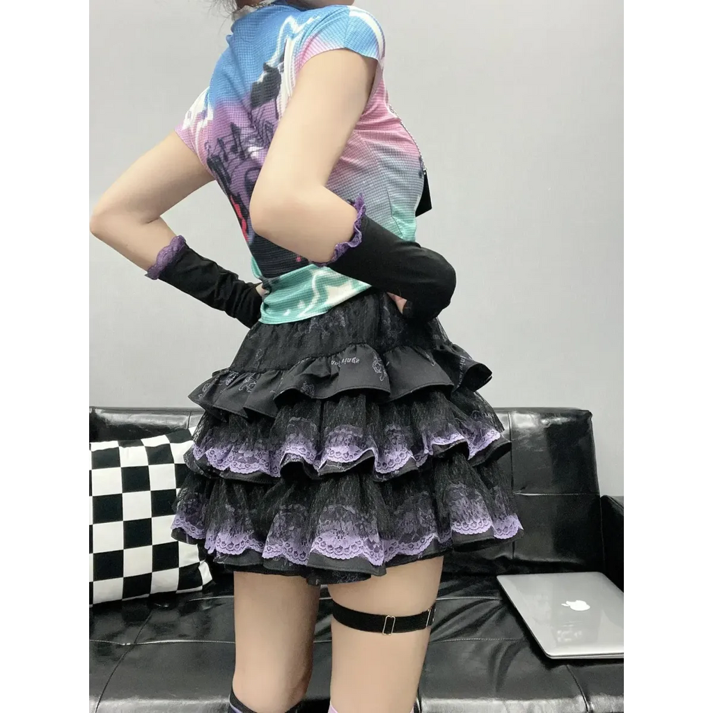 Y2K Punk Lace Mini Skirt – Gothic Layered A-Line Skirt - Bottoms - Short - Skirts - 4