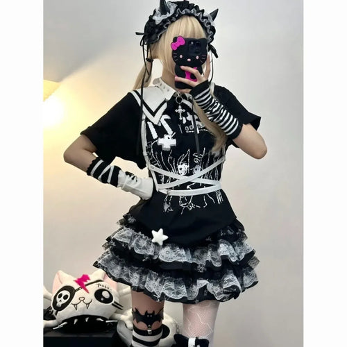 Y2K Punk Lace Mini Skirt – Gothic Layered A-Line Skirt - Bottoms - Short - Skirts - 2