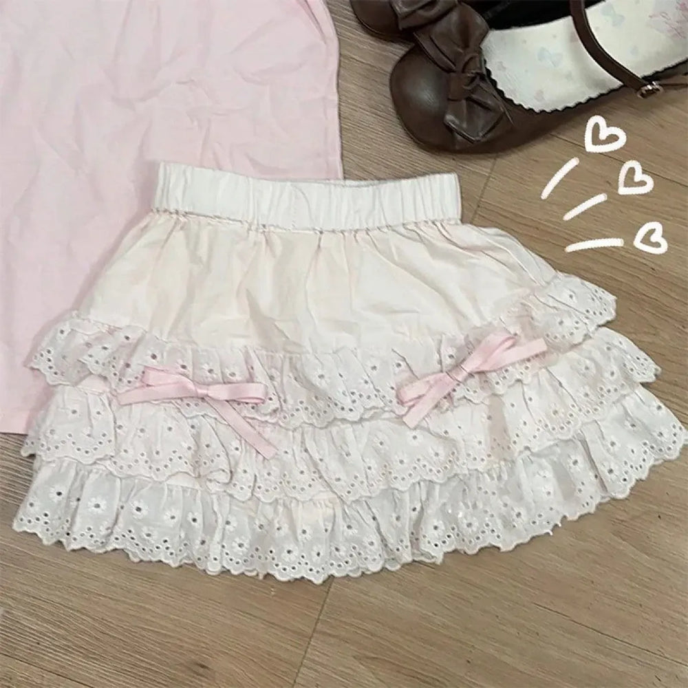 Lace Ruffle Mini Skirt – Kawaii Sweet Lolita Bow Detail - Bottoms - Short - Skirts - 1