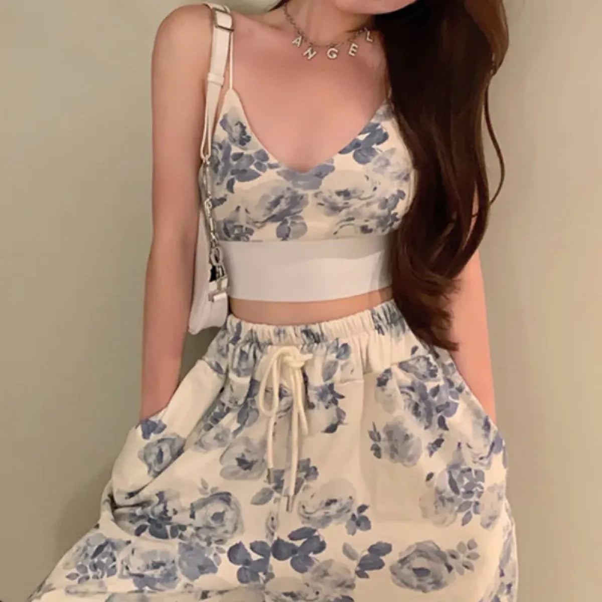 Blue Floral Two-Piece Set – V-Neck Camisole & Drawstring Pants - Best Sellers - Sets - 1