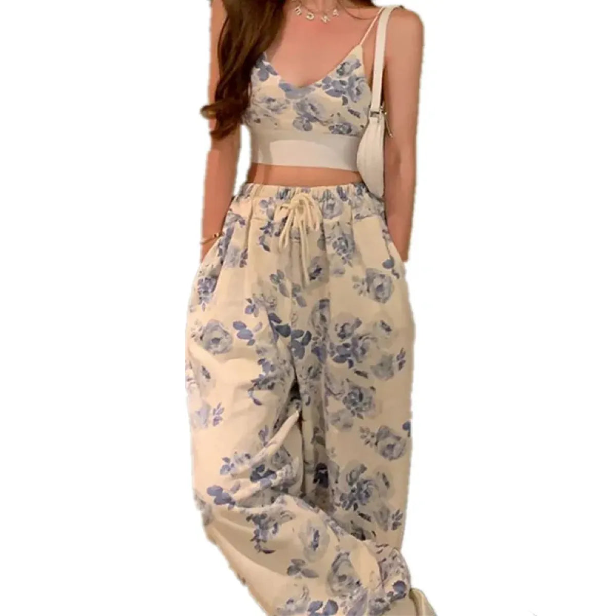 Blue Floral Two-Piece Set – V-Neck Camisole & Drawstring Pants - Bottoms - Sets - 5
