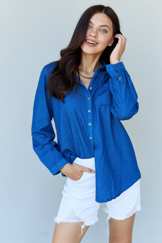 Blue Jean Baby Denim Button Down Shirt Top in Dark Blue - Dark Blue / S - T-Shirts - Shirts & Tops - 1 - 2024