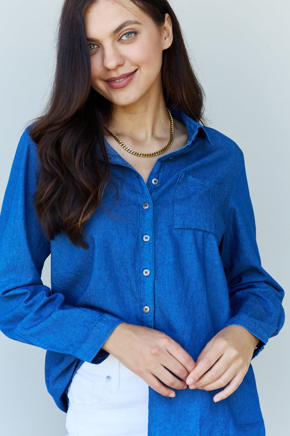 Blue Jean Baby Denim Button Down Shirt Top in Dark Blue - T-Shirts - Shirts & Tops - 5 - 2024