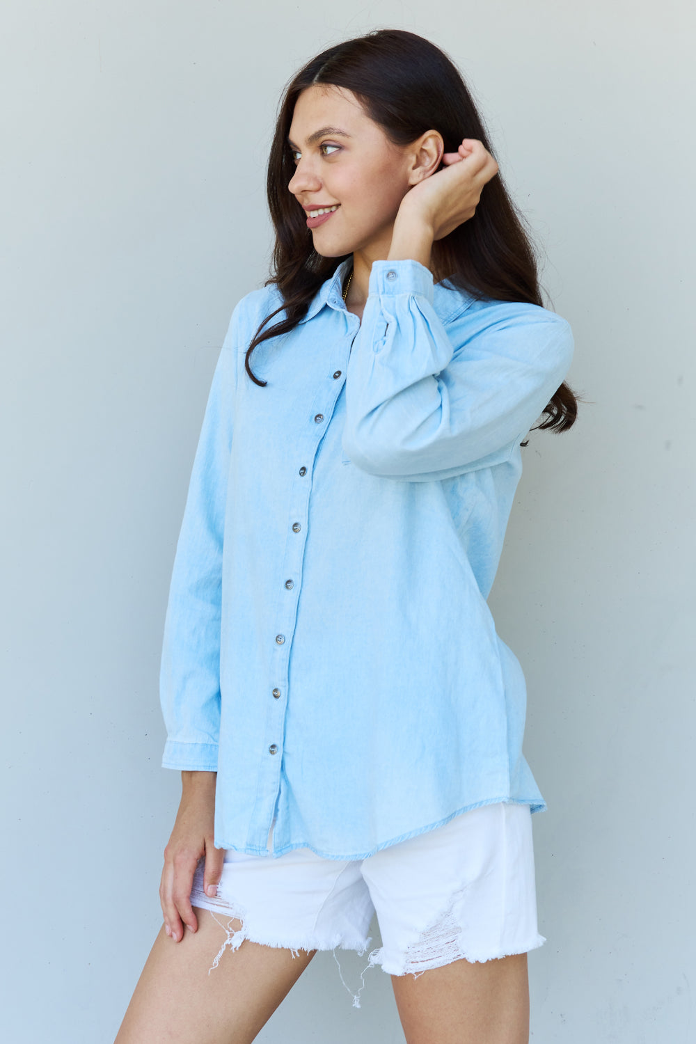 Blue Jean Baby Denim Button Down Shirt Top in Light Blue - T-Shirts - Shirts & Tops - 4 - 2024