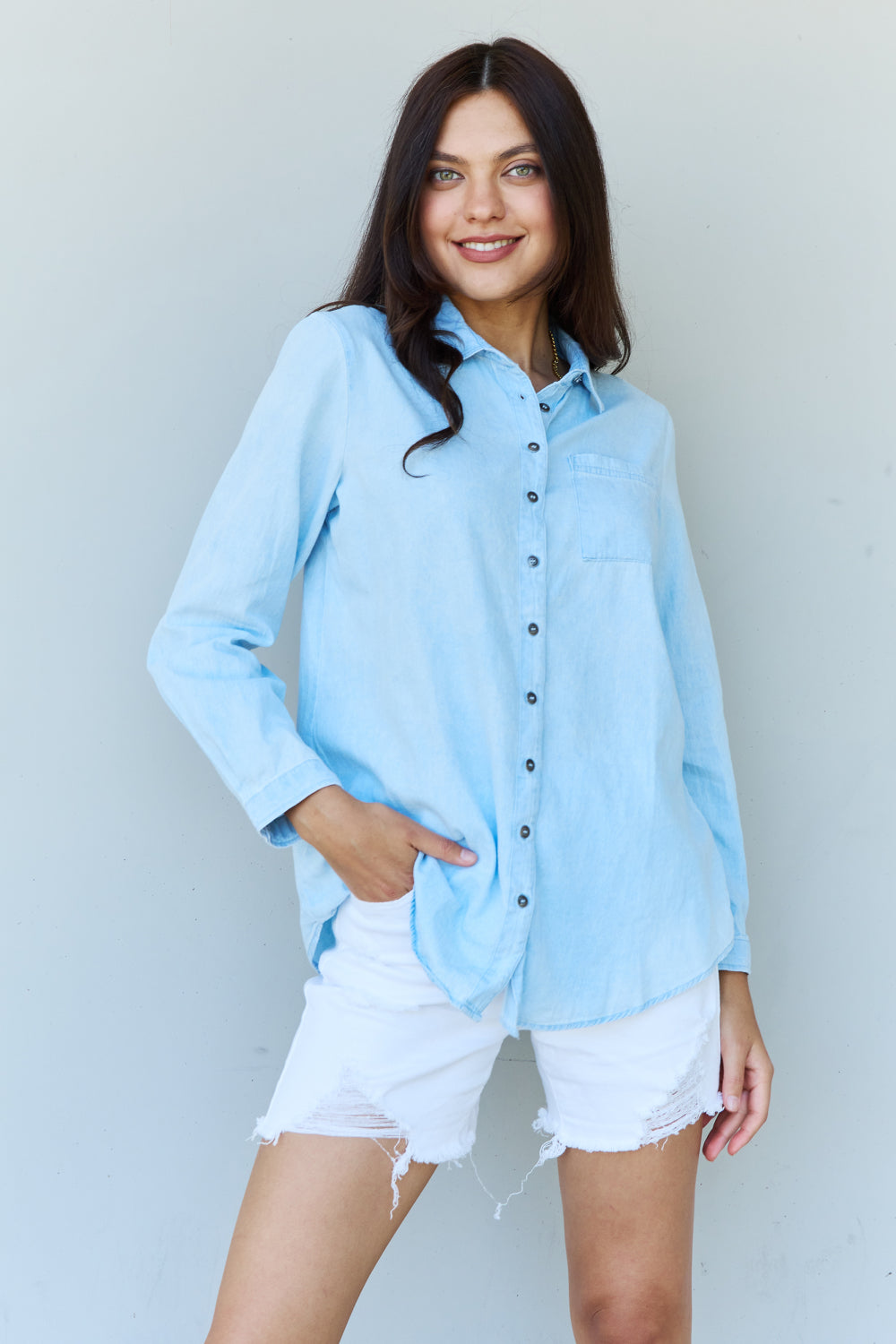 Blue Jean Baby Denim Button Down Shirt Top in Light Blue - T-Shirts - Shirts & Tops - 3 - 2024