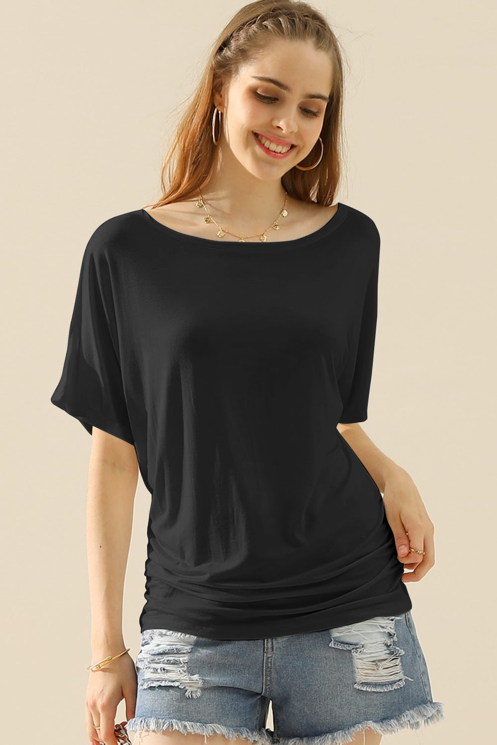 Boat Neck Short Sleeve Ruched Side Top - Women’s Clothing & Accessories - Shirts & Tops - 3 - 2024