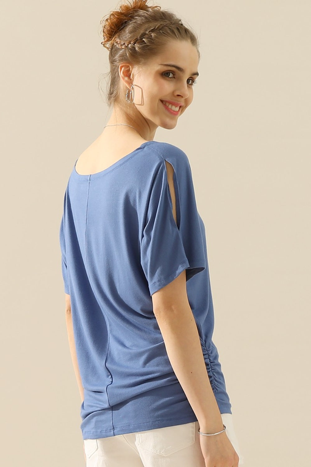 Boat Neck Short Sleeve Ruched Side Top - Women’s Clothing & Accessories - Shirts & Tops - 5 - 2024