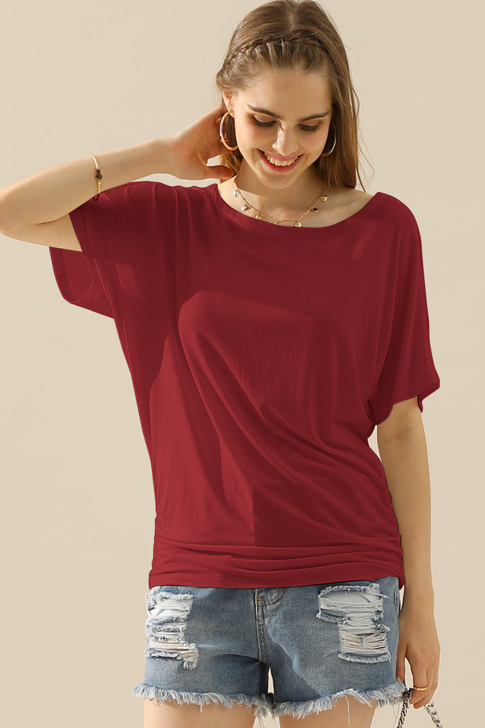 Boat Neck Short Sleeve Ruched Side Top - Red / S - Women’s Clothing & Accessories - Shirts & Tops - 7 - 2024