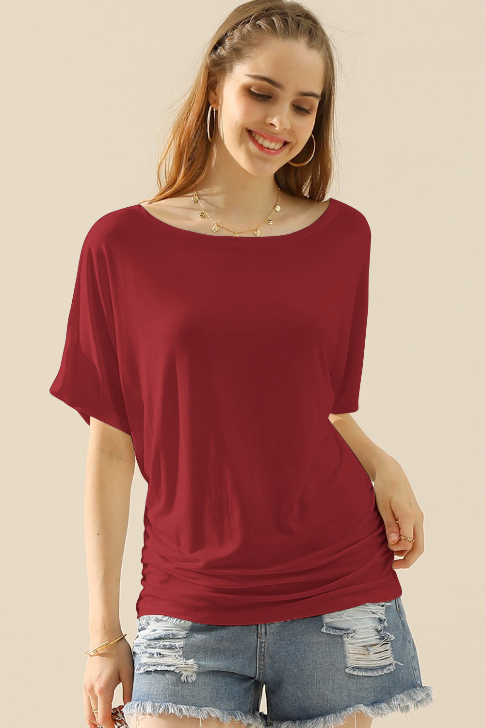 Boat Neck Short Sleeve Ruched Side Top - Women’s Clothing & Accessories - Shirts & Tops - 8 - 2024