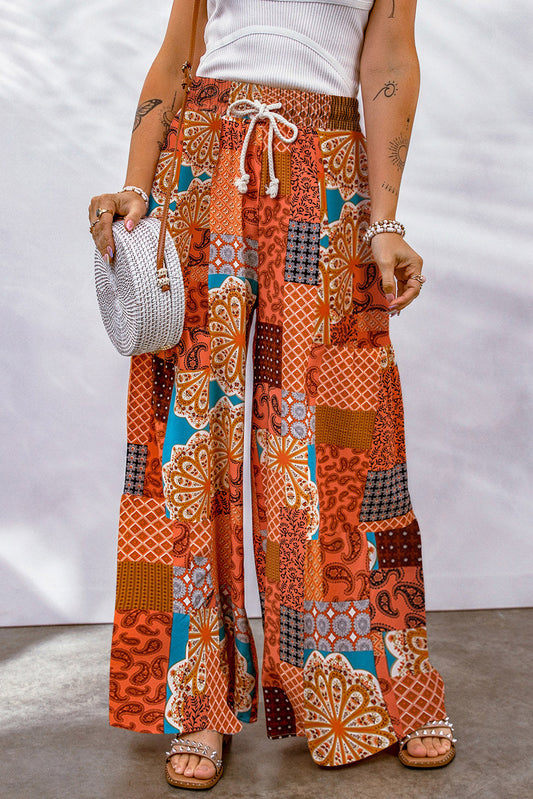 Bohemian Patchwork Drawstring Wide Leg Pants - Orange / S - Bottoms - Pants - 1 - 2024