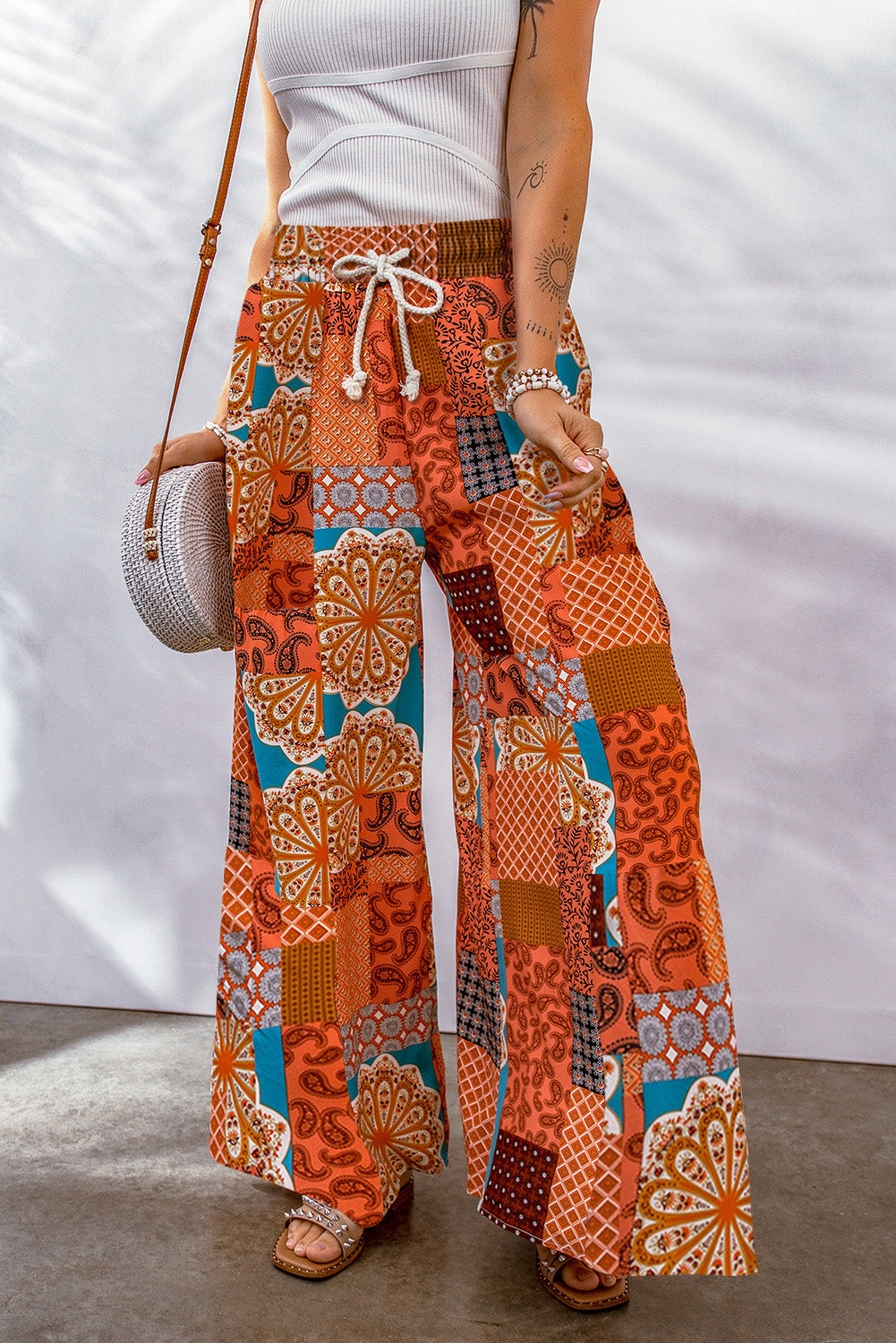 Bohemian Patchwork Drawstring Wide Leg Pants - Bottoms - Pants - 3 - 2024