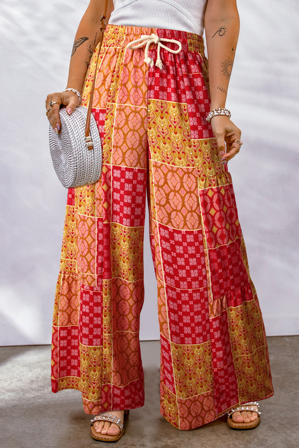 Bohemian Patchwork Drawstring Wide Leg Pants - Red / S - Bottoms - Pants - 4 - 2024