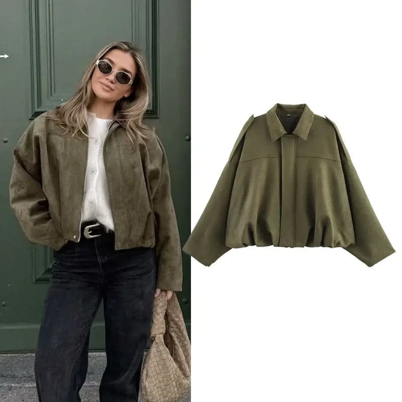 Vintage Loose Bomber Jacket with Turn-Down Collar - Jackets & Coats - Jacket - 1