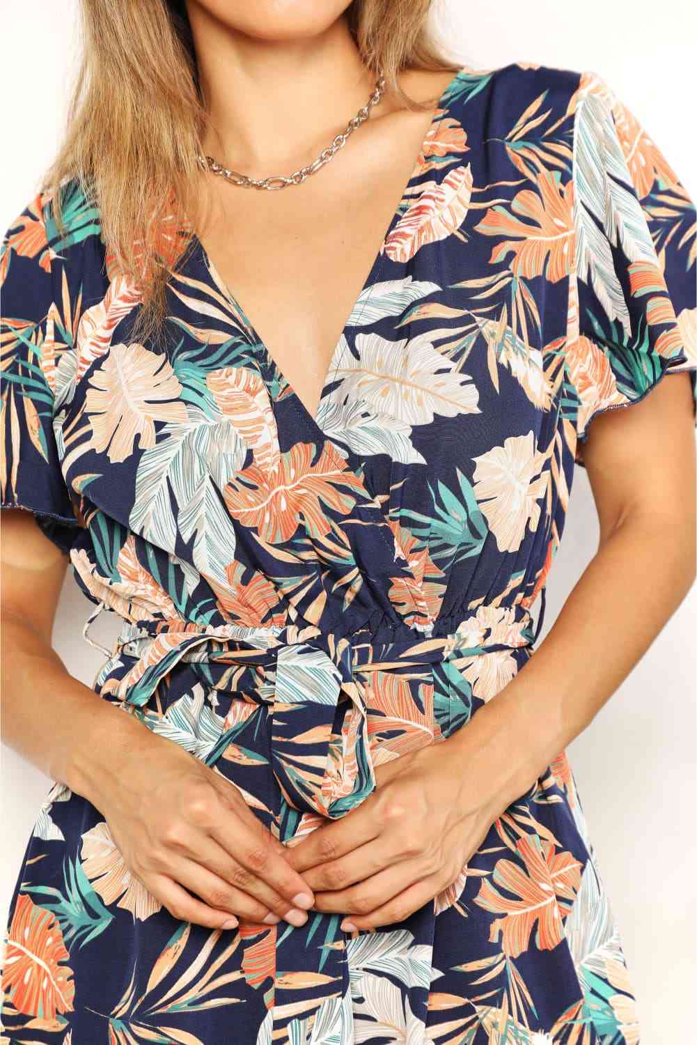 Botanical Print Surplice Neck Tie Waist Romper - Women’s Clothing & Accessories - Jumpsuits & Rompers - 5 - 2024