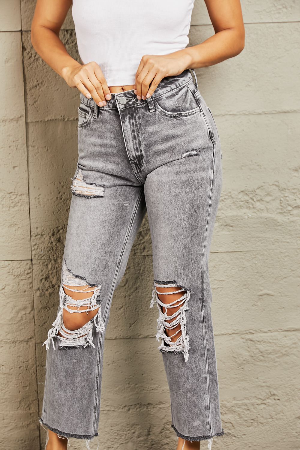 Acid Wash Distressed Cropped Straight Jeans - Bottoms - Pants - 4 - 2024