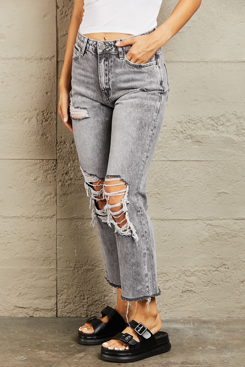 Acid Wash Distressed Cropped Straight Jeans - Bottoms - Pants - 3 - 2024