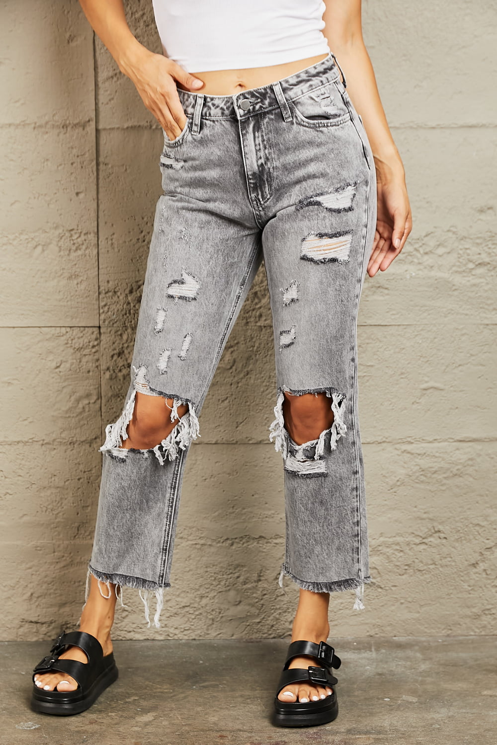 Acid Wash Distressed Straight Jeans - Gray / 24 - Bottoms - Pants - 1 - 2024