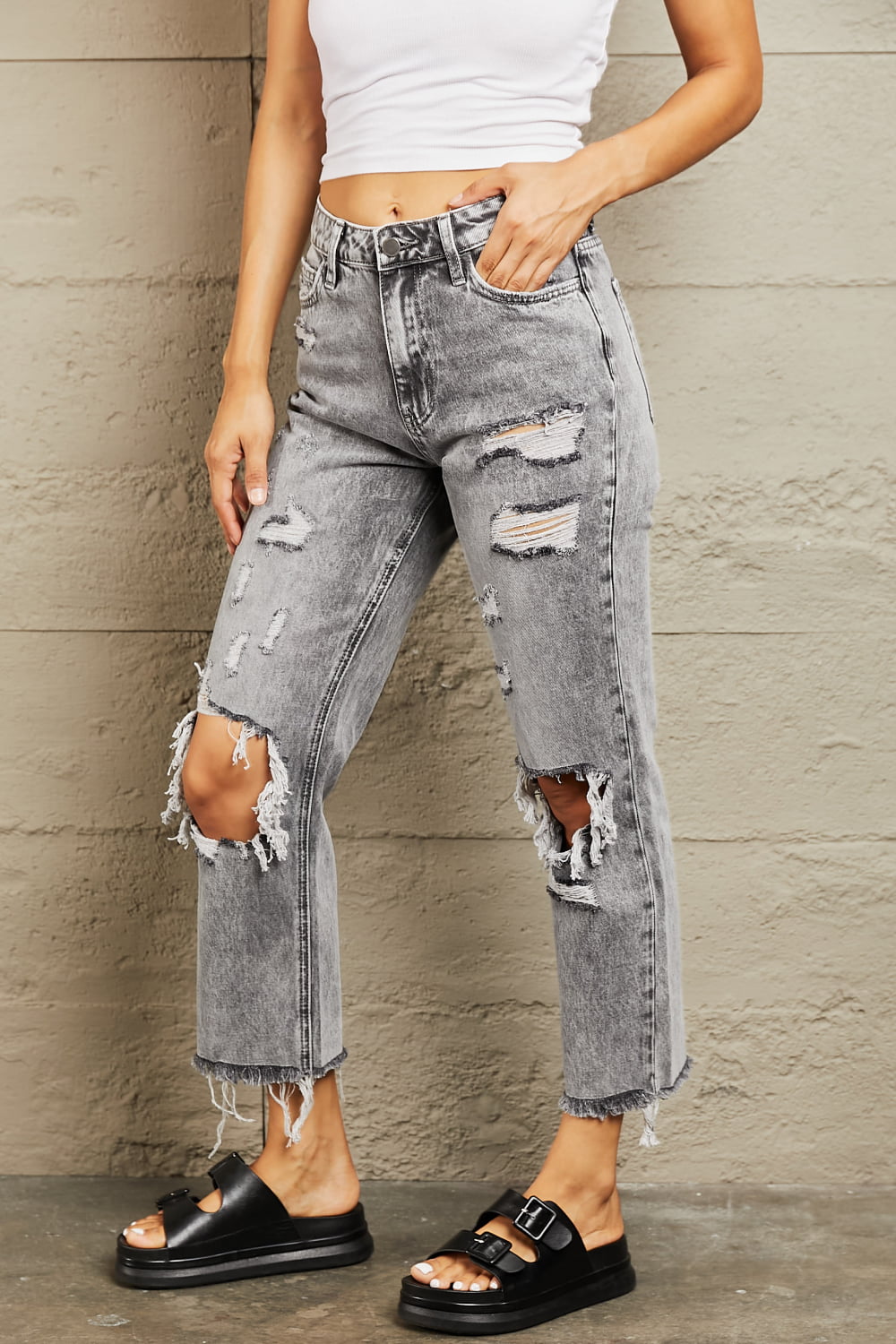 Acid Wash Distressed Straight Jeans - Bottoms - Pants - 3 - 2024