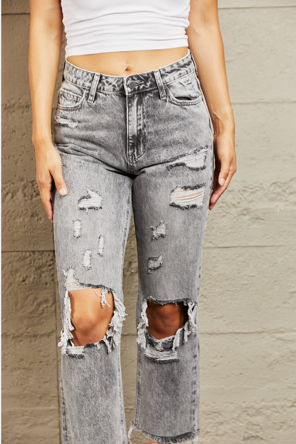 Acid Wash Distressed Straight Jeans - Bottoms - Pants - 4 - 2024