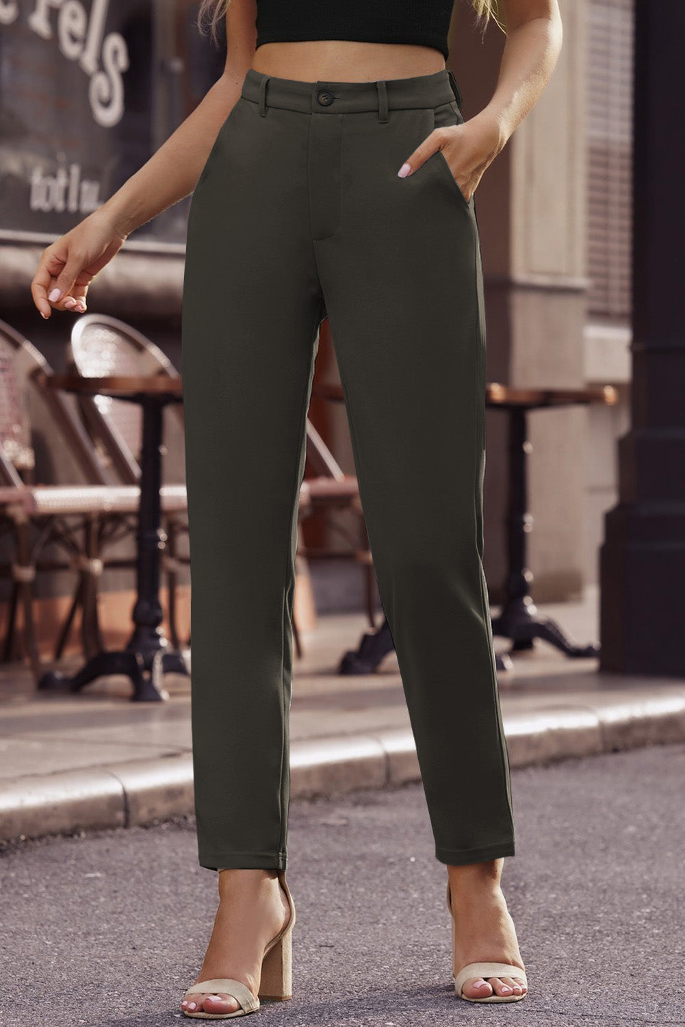 Ankle-Length Straight Leg Pants with Pockets - Dark Gray / S - Bottoms - Pants - 11 - 2024