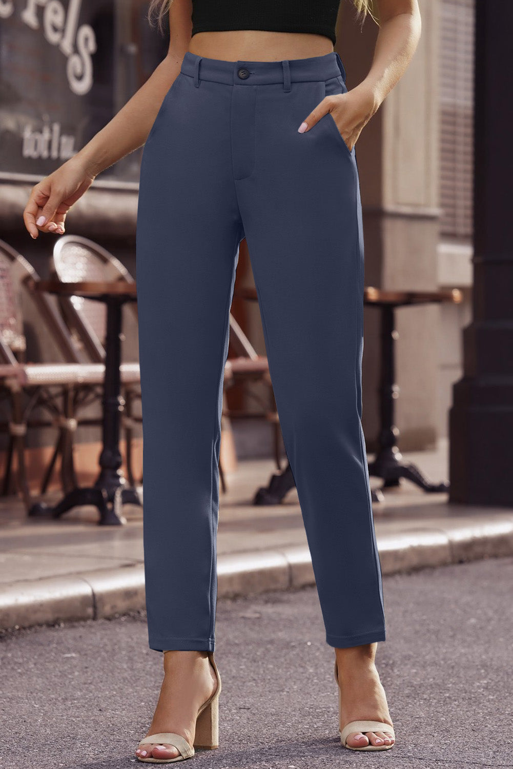Ankle-Length Straight Leg Pants with Pockets - Blue / S - Bottoms - Pants - 21 - 2024