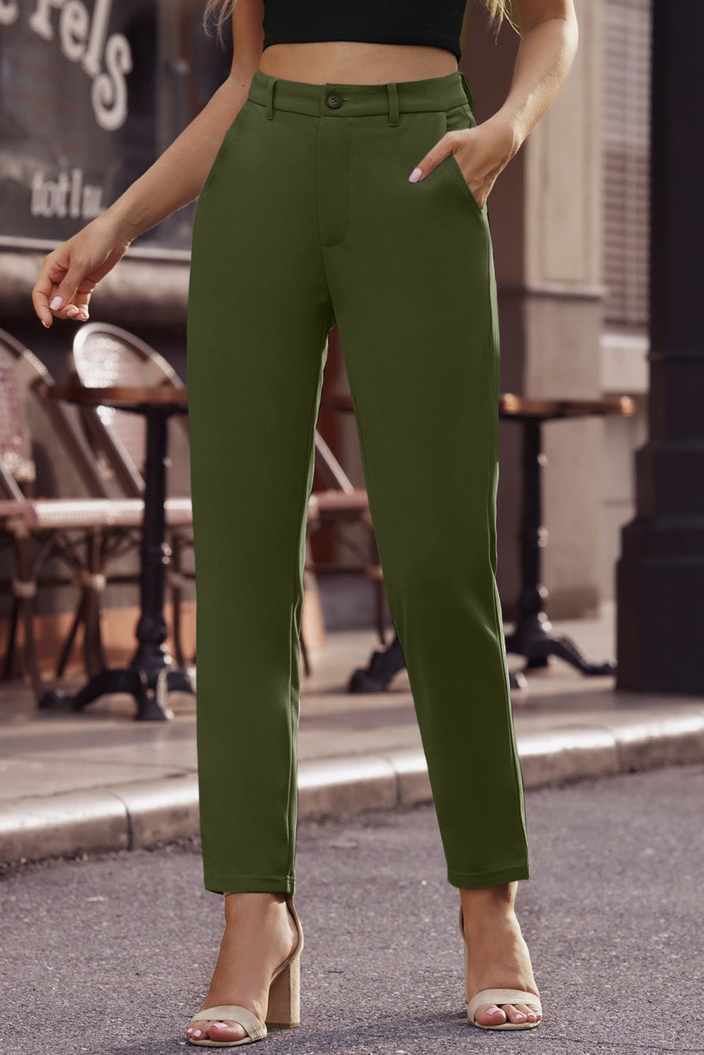 Ankle-Length Straight Leg Pants with Pockets - Green / S - Bottoms - Pants - 6 - 2024