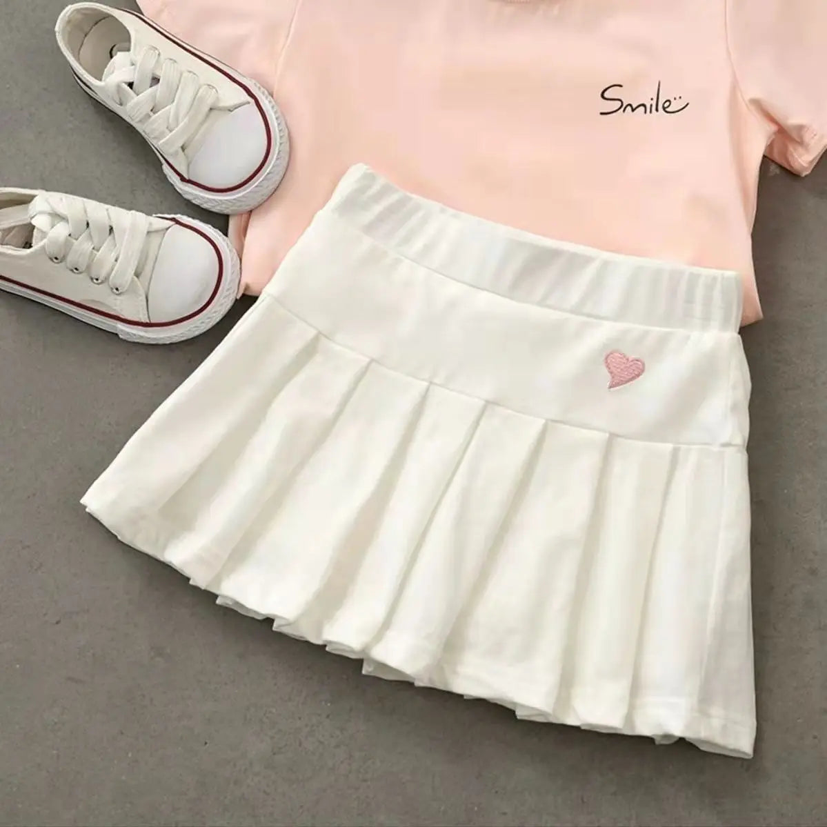Balletcore Kawaii Aesthetic Heart Embroidery Elastic Waist Tennis Skirt - White / S - Bottoms - Skirts - 11 - 2024