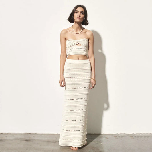 Beach Skirt Set: Sleeveless Tube Top with Drawstring Long Skirt - White / M - Bottoms - Outfit Sets - 7 - 2024