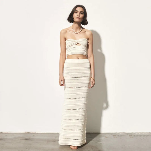 Beach Skirt Set: Sleeveless Tube Top with Drawstring Long Skirt - Bottoms - Outfit Sets - 2 - 2024