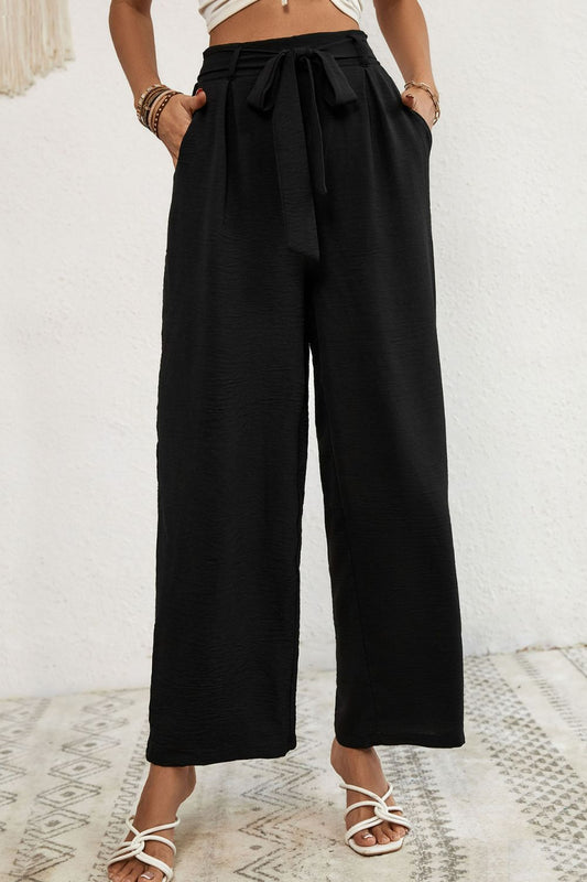 Belted Pleated Waist Wide Leg Pants - Black / S - Bottoms - Pants - 1 - 2024