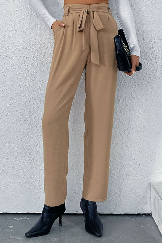 Belted Straight Leg Pants with Pockets - Khaki / S - Bottoms - Pants - 1 - 2024