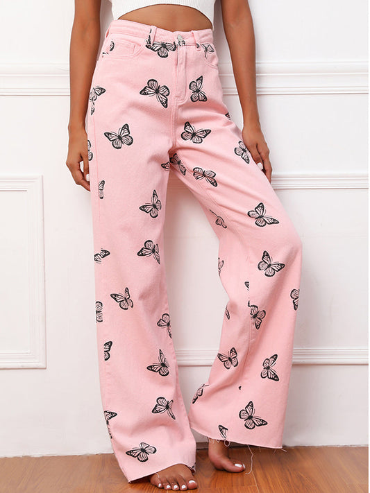 Butterfly Pattern Wide Leg Jeans - Pink / 25 - Bottoms - Pants - 1 - 2024