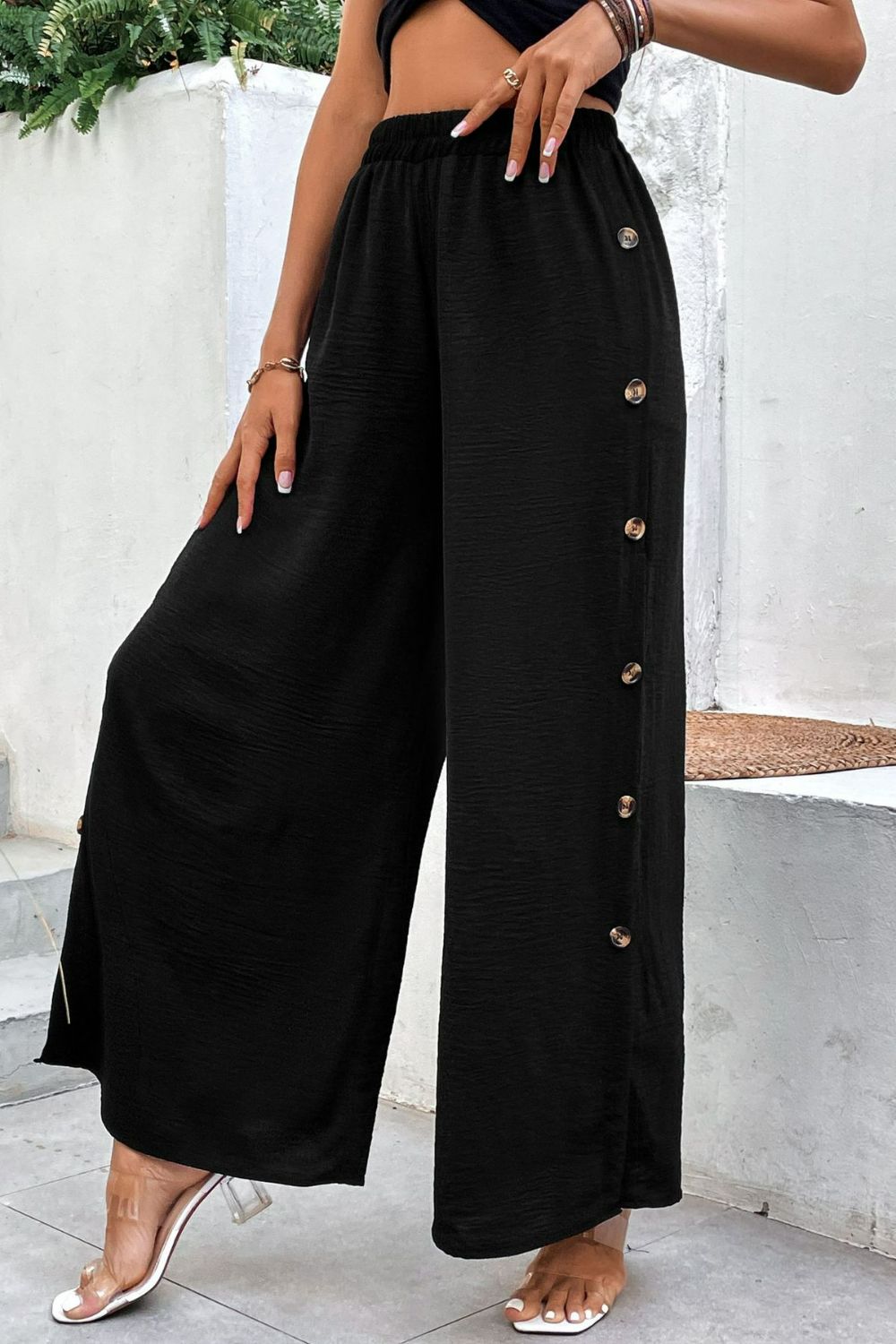 Button Detail Elastic Waist Wide Leg Pants - Bottoms - Pants - 4 - 2024