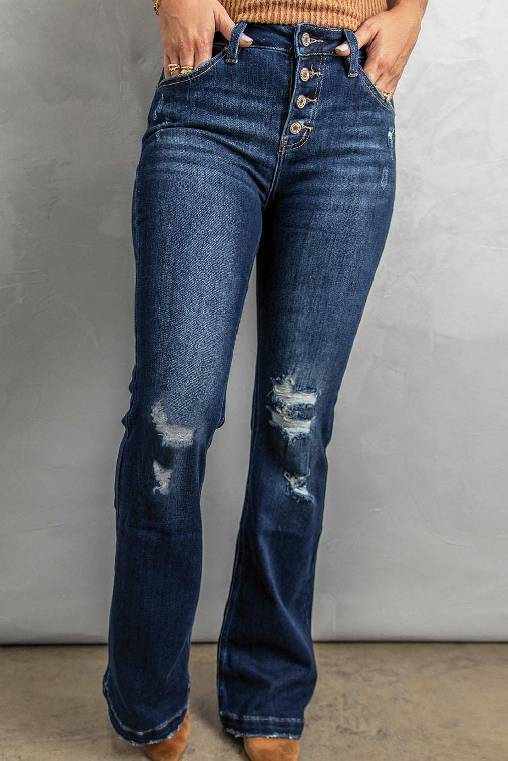 Button Fly Distressed Bootcut Jeans - Bottoms - Pants - 3 - 2024